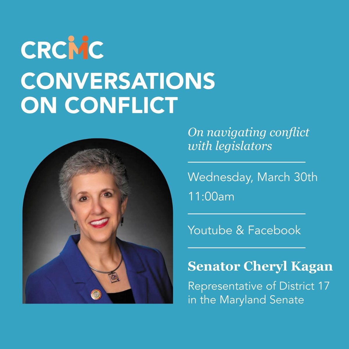 CRCMCtweets's tweet photo. Join us for another episode of Conversations of Conflict with Senator Cheryl Kagan. We will be discussing how Kagan has learned to navigate conflicts that come from trying to pass bills and legislation for her community.
#MontgomeryCountyMD #conflictresolution #crcmc #senator https://t.co/36ye6nmpCk