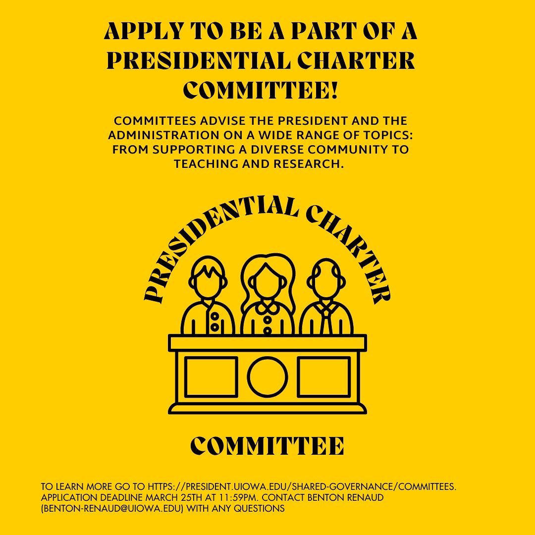 Apply for Presidential Charter Committee today! Charter committees advise the president and the administration on a wide range of topics: from supporting a diverse community to teaching and research. To learn more go to: president.uiowa.edu/shared-governa… or email benton-renaud@uiowa.edu.