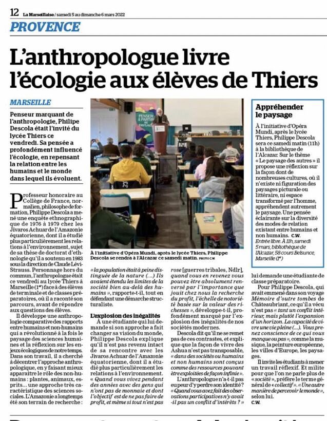Retour du #journal <a href="/lamarsweb/">La Marseillaise</a> sur la conférence de Philippe Descola au lycée THIERS à #Marseille avec <a href="/OperaMundi2018/">Opera Mundi</a>  
@Daac_Aix_Mars <a href="/EHESS_fr/">EHESS</a> #actualite #EducationNationale #lycee #culture #sciences #anthropologie #presse #nature #recherche #ehess