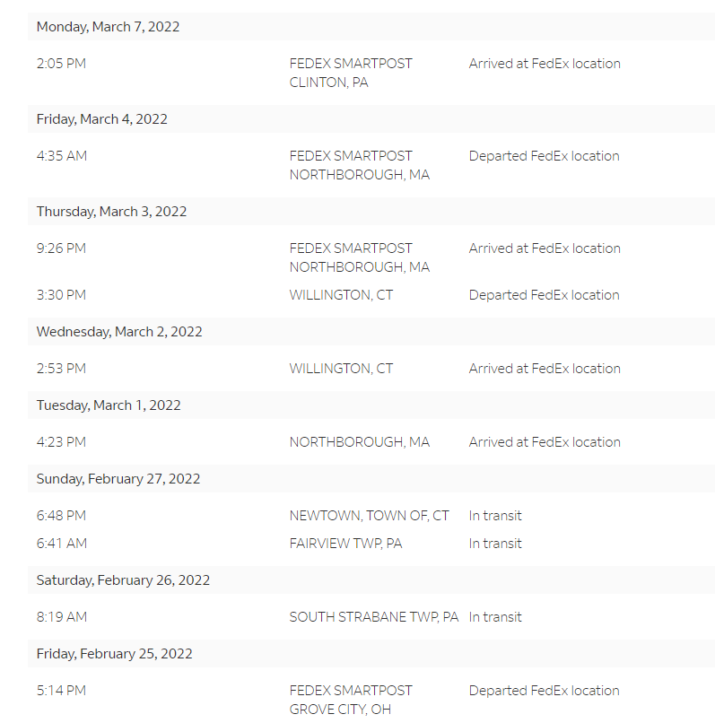 blakelawton's tweet photo. @FedExHelp Hi, why has my package been going in circles? I can't plan anything because the delivery date has changes 5+ times now.

OH > PA > CT > MA > CT > MA >PA

WTF is going on? This is insanity! https://t.co/mY96GmtkhY