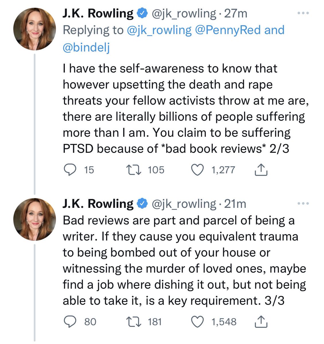 Rowling finishes with some victim blaming and mental health shaming.PTSD is not exclusively caused by living through warzones, and the stigma that those who develop it from different traumatic events are somehow "lesser", "fakes", or unworthy of compassion is a harmful fiction.