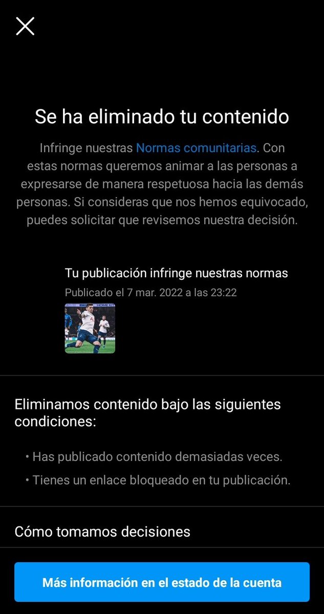 venacule_21's tweet photo. AYUDA URGENTE 🚫🚫
Cuando subo una foto a Instagram me la borran al segundo y no incumplo las reglas (pone que si pero si busco en revisión pone que no las incumplo y podéis ver que es una foto que no incumple nada). Me pueden explicar por qué pasa eso? https://t.co/vOaWCLOvmO