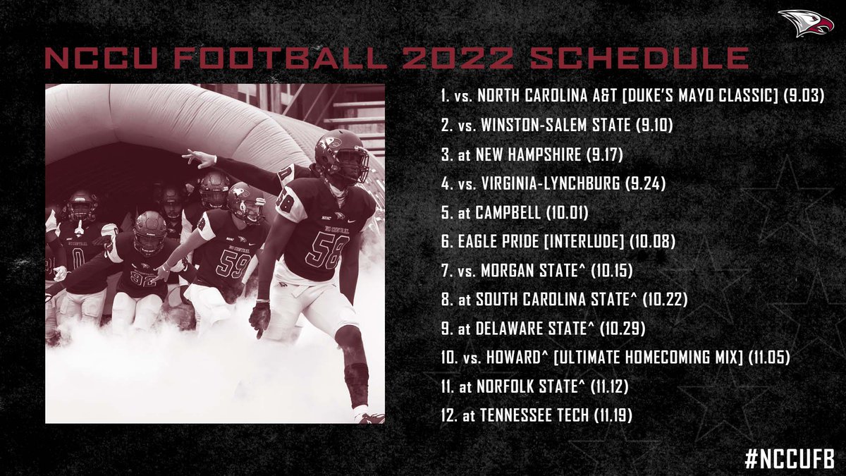 Playing the Hits in 2022
<a href="/NCCU_Football/">NC CENTRAL FB | 🦅🏆🦅</a> announces 2022 schedule.

Story: nccueaglepride.com/news/2022/3/7/…

#NCCU #EaglePride #EagleEra 
<a href="/MEACSports/">Mid-Eastern Athletic Conference</a>