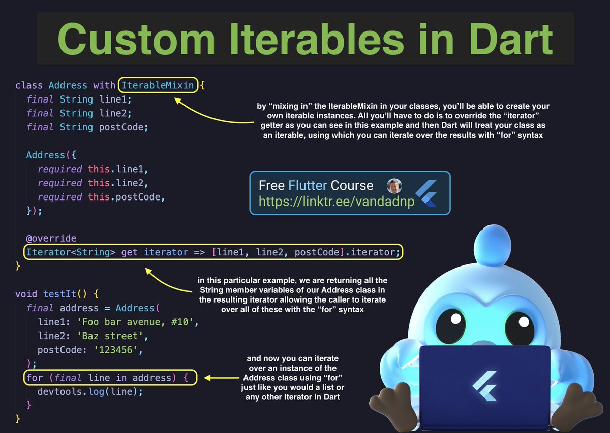 vandadnp's tweet photo. 🤯Did you know that in #Dart 💙, you can turn your own classes into #iterables by using #IterableMixin? 🔥 This is great for turning your data classes into iterables!

source: https://t.co/3JltPRQzKj

#tipoftheday #dartlang #flutter #flutterdev https://t.co/Ah6ysJ7fHQ