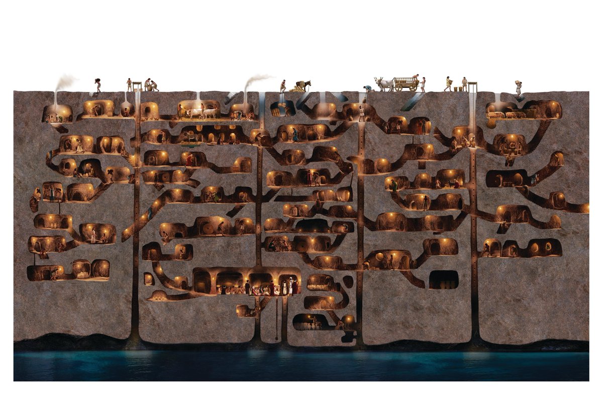 The Derinkuyu underground city is a 2500-year-old ancient multi-level underground city in Turkey, extending to a depth of approximately 60m. It is large enough to have sheltered as many as 20,000 people together with their livestock and food stores [more: buff.ly/3ctD8Uv]