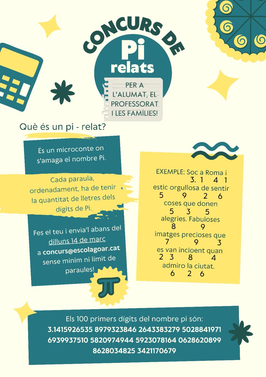 Creixengoar's tweet photo. Queda una setmana pel dia internacional del nombre Pi... No et perdis aquest concurs i posa a prova la teva creativitat matemàtica! @ccarlanx https://t.co/pXkLIcmsff