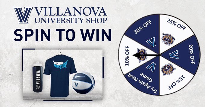 novawbb's tweet photo. It's time to save BIG, #NovaNation! Spin the wheel for your chance to score up to 30% off at the @villanovaushop! 

Play now: https://t.co/UR2M0y1D0J https://t.co/5aut8dbmkn