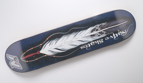 Blue skateboard with a drawn of a feather