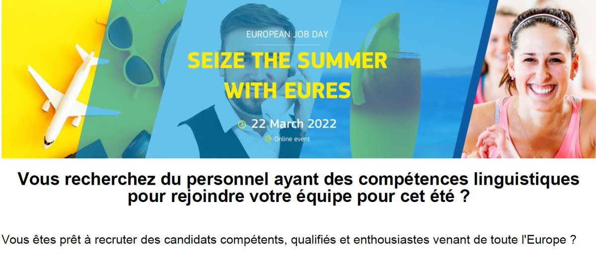 Pour vos recrutements de cet été ⛱️, #poleemploi se mobilise !
Vous recherchez du personnel ayant des compétences linguistiques pour l'activité #hôtellerie #restauration #tourisme ?
👉Inscrivez vous avant le 1️⃣1️⃣ mars au #e_salon SEIZE THE SUMMER 🌞
👉 europeanjobdays.eu/fr/who-are-you…