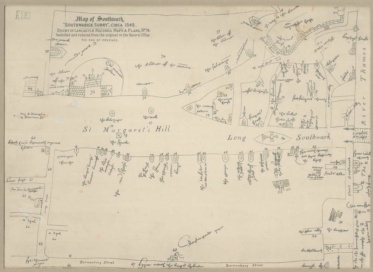 SwkHeritage's tweet photo. Here is a 'Map of Southwark' dated 1542 showing what is now Borough High Street. What numbers are Kent St (Tabard St), St Olave's Church and Blue Maid End (or Blue Eye Maid pub)? 
Image ©reproduced by permission of the Chancellor and Council of the Duchy of Lancaster. https://t.co/3urD9RJMis
