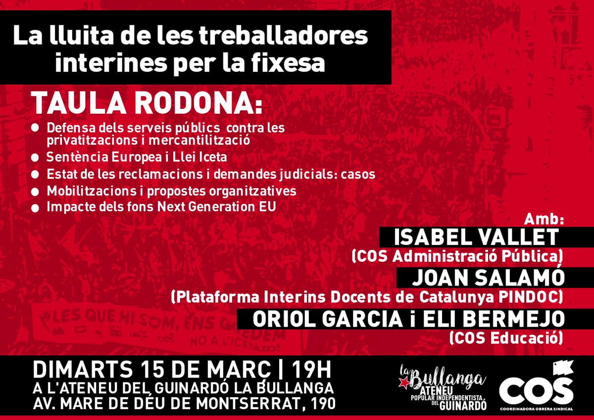 COSEducacio's tweet photo. Taula Rodona: la lluita de les treballadores interines per la fixesa i en defensa dels serveis públics. Dimarts 15 de març 19:30 hores a l'@ateneuG #fixesa #capinterialcarrer @PINDOC_CAT @ivallets @COSnacional https://t.co/KRF7VP3ePl