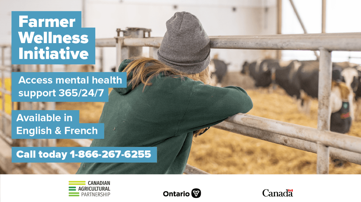 Mental Health support is available for all farmers across Ontario through the Farmer Wellness Initiative. Accessible 24 hrs a day, in English &amp; French, farmers needing support can call 1-866-267-6255 to speak to a counsellor.