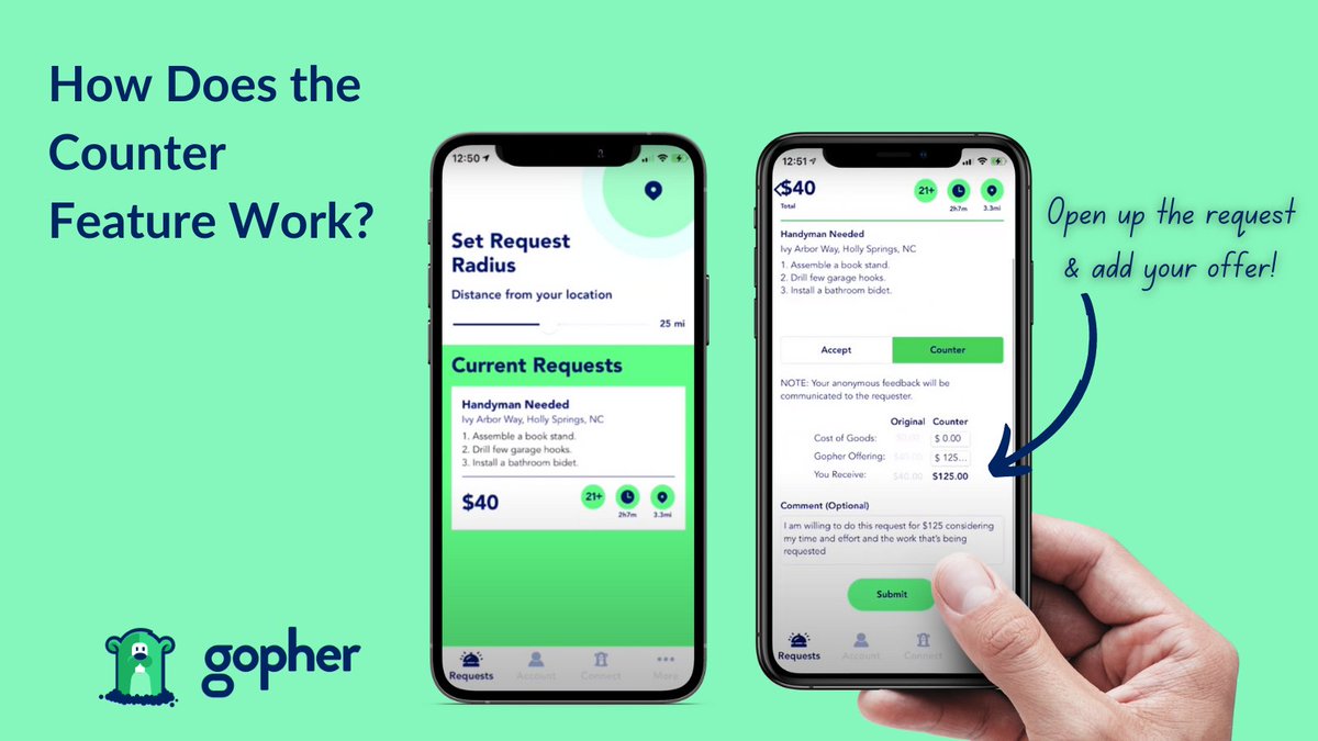 GopherMobileApp's tweet photo. Not quite sure what to set your price on your next request? 🤔 Set your price to what you think is fair and if it’s not a match for any of the available Gophers, you’ll get a counteroffer!
#gopher #gopherapp #errands https://t.co/eG993ngB9A