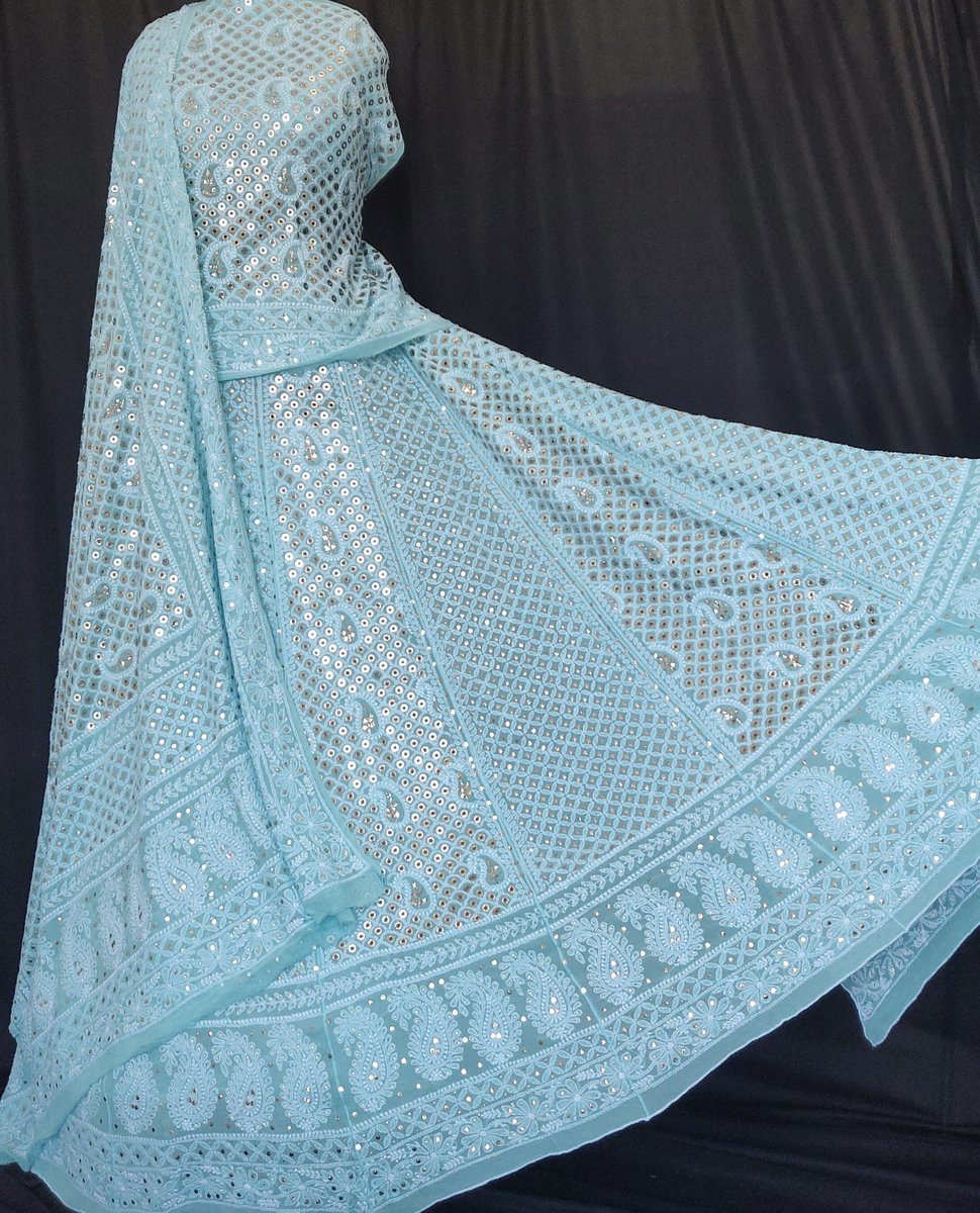 LucknowiAndaaz's tweet photo. Buy #chikankari Ruhani Aqua blue Chikankari and ring mukaish lehenga set online https://t.co/D4aCiW4L2d COD Available! https://t.co/dxMIwo51hn