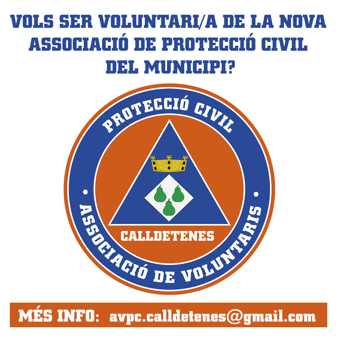 ajcalldetenes's tweet photo. ✅ Vols ser voluntari o voluntària de la nova Associació de Protecció Civil de Calldetenes? Contacta amb l'associació, t'explicaran com ser-ho i en què consisteix ➡️ avpc.calldetenes@gmail.com https://t.co/ti4GeypiYg