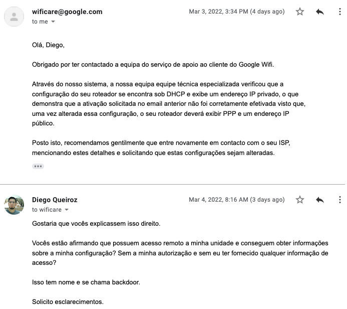 queiroz_diego's tweet image. Estou com problemas no meu Google WiFi e o suporte do Google afirmou que possui acesso à minha unidade sem eu nunca ter fornecido autorização ou dados de acesso. E aí @googlebrasil? #google #backdoor