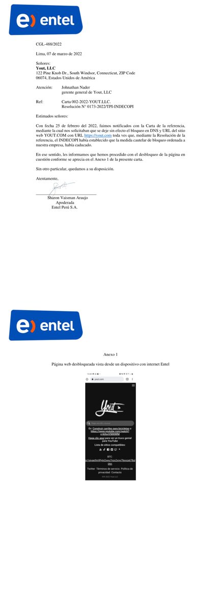 youtdotcom's tweet image. Gracias @EntelPeru por su rápida respuesta a nuestro caso. Quedamos a la espera de las respuestas por parte de @claroperu @MovistarPeru.