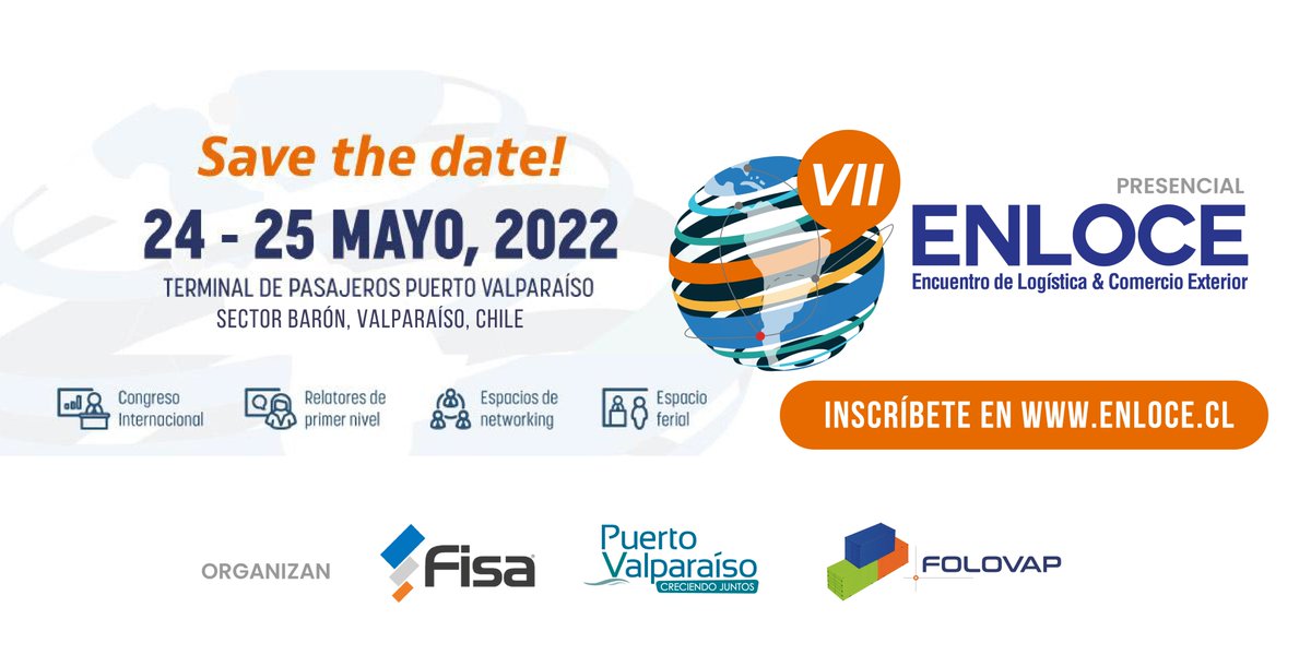 PortValparaiso's tweet photo. 📌¡SAVE THE DATE!
Te invitamos a la séptima versión de #ENLOCE que se realizará el 24 y 25 de mayor del 2022 en el Terminal de Pasajeros, Puerto Valparaíso.
Para inscribirte solo debes ingresar a ➡ https://t.co/wWfPLbweZt
¡Te esperamos! https://t.co/aIGT2tjV7t