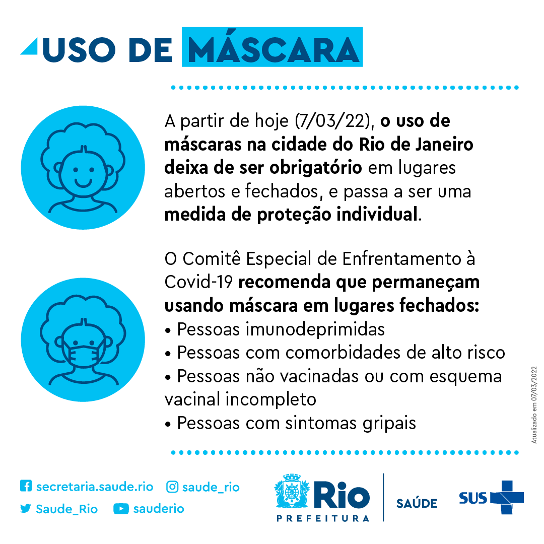Saude_Rio's tweet photo. O uso de máscaras não é mais obrigatório na cidade do Rio. No entanto, o comitê recomenda que continuem usando máscara em locais fechados - pessoas imunodeprimidas - com comorbidades de alto risco - pessoas não vacinadas ou com o esquema vacinal incompleto  - com sintomas gripais https://t.co/QIDbdrNYz9