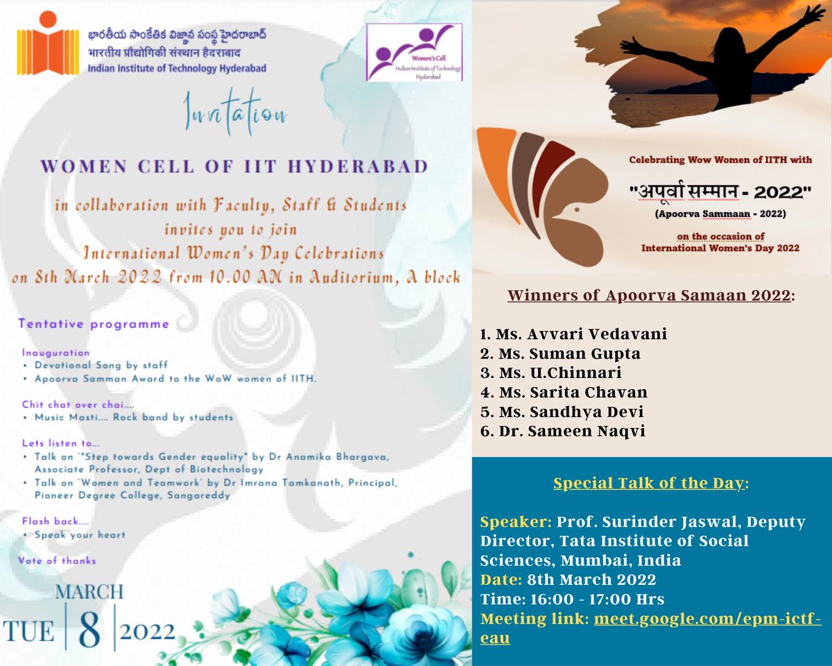 Celebrating Wow Women of #IITHyderabad with motivation talks, cultural events &amp; "अपूर्वा सम्मान - 2022" (Apoorva Sammaan - 2022) on the occasion of #IWD International Women's Day 2022.

Online Meeting Link: meet.google.com/epm-ictf-eau