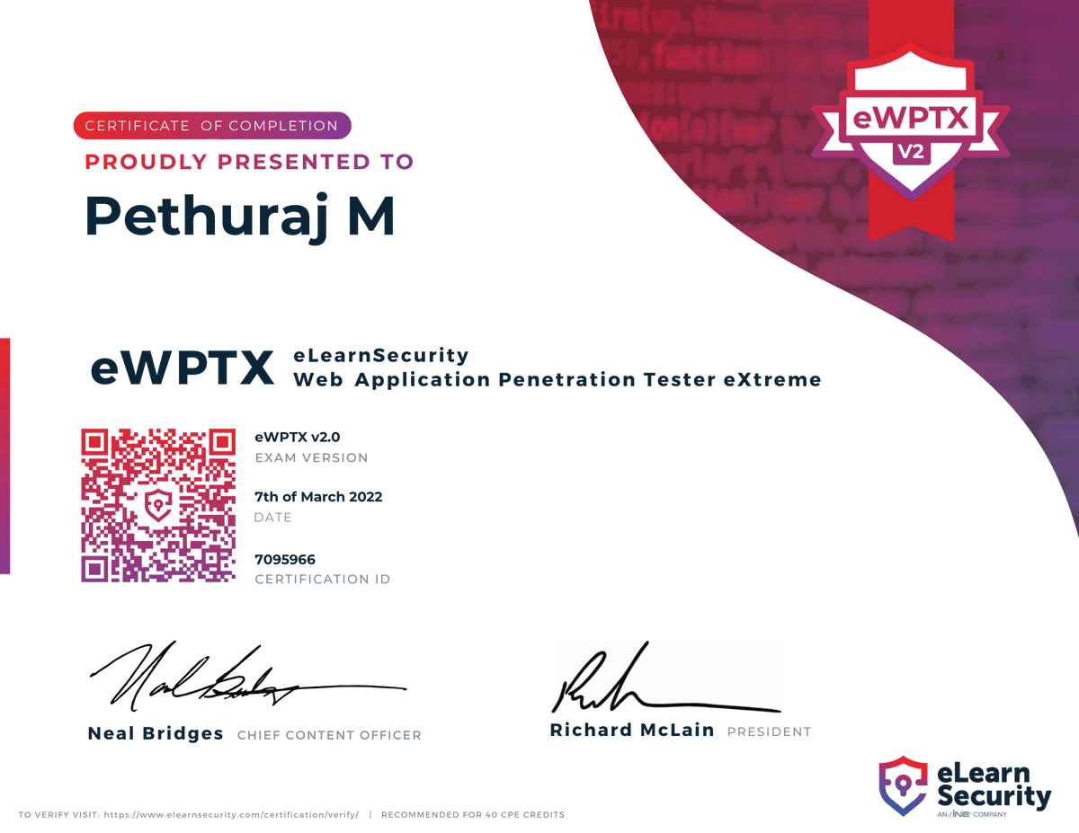 Pethuraj's tweet image. I cleared the #ewptxv2 exam!! 
#elearnsecurity #ine