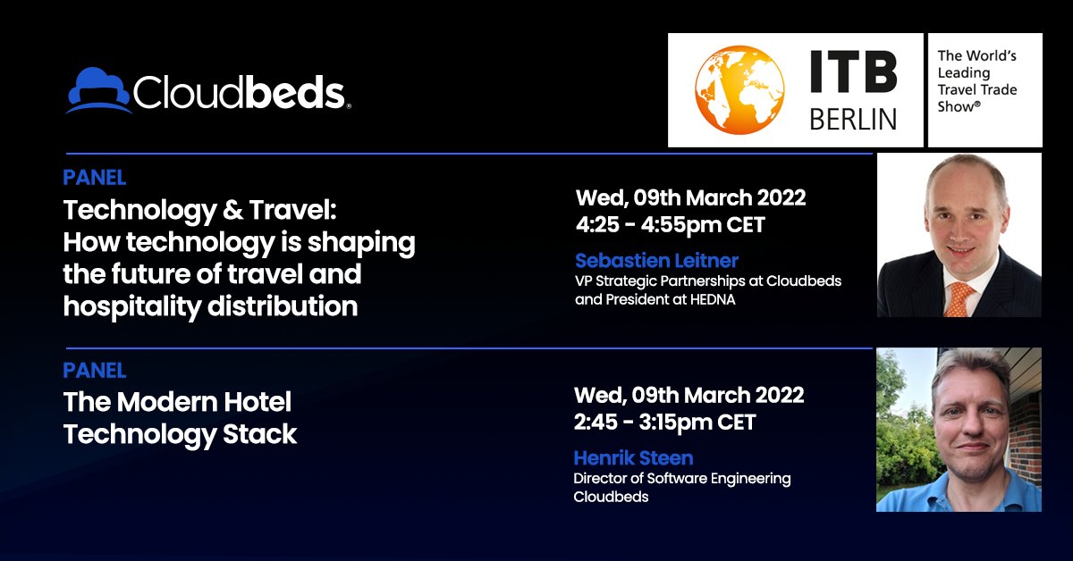 Cloudbeds's tweet photo. Join Cloudbeds at ITB Berlin Convention 2022 - live and free of charge! 

We're participating in two panels discussing the future of hotel technology and the state of travel and hospitality distribution. 

Find more info here ➡️ https://t.co/1Nr5BEVM9w https://t.co/LVoELeXgbR