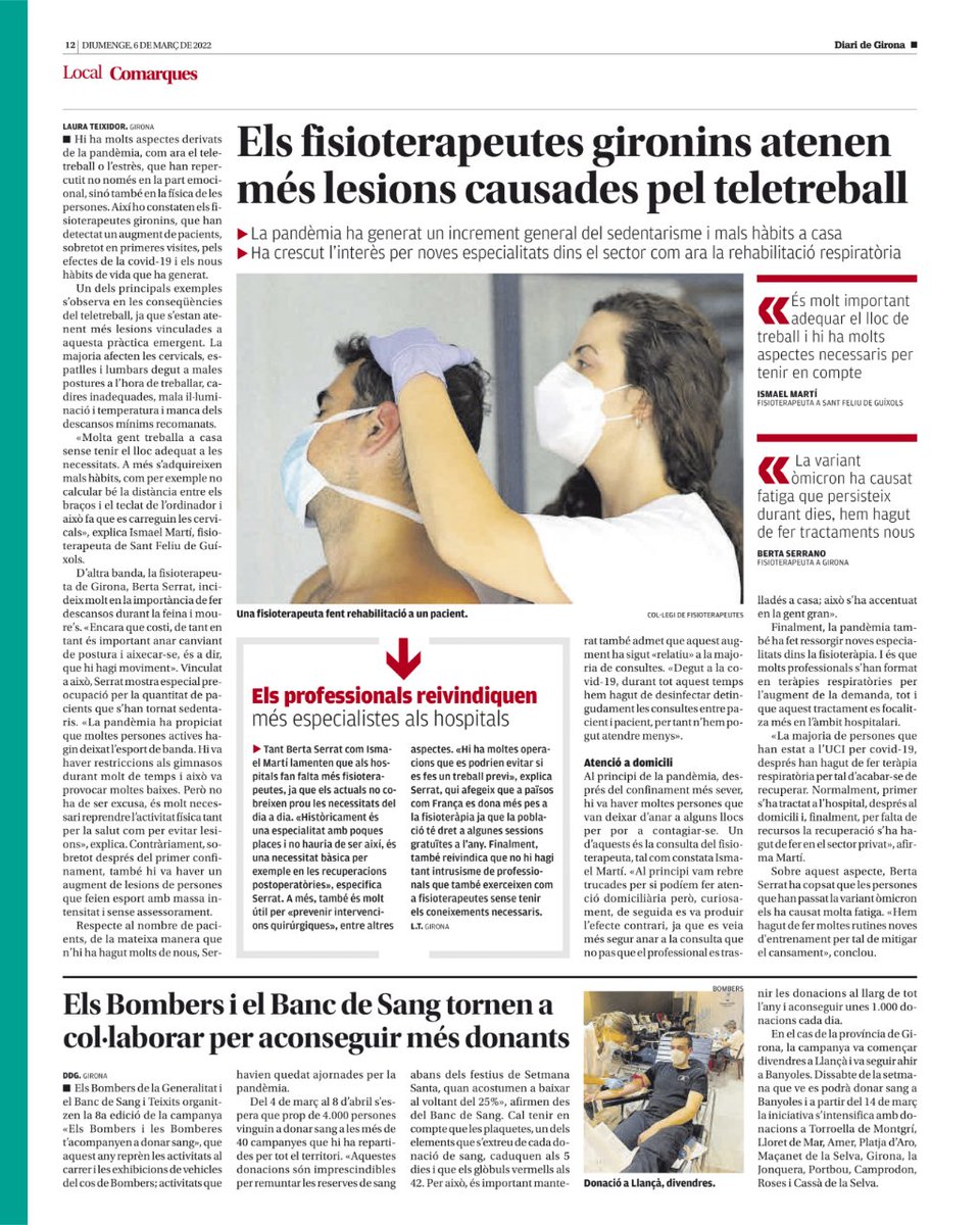 ⚠ Ahir el <a href="/DiarideGirona/">Diari de Girona</a> recollia la necessitat de comptar amb més fisioterapeutes als hospitals i les noves demandes en fisioteràpia.

🟠 Serrat i Martí afirmen que el nombre de fisioterapeutes als hospitals no cobreix les necessitats del dia a dia.

📰 bit.ly/3Mu7Tu4