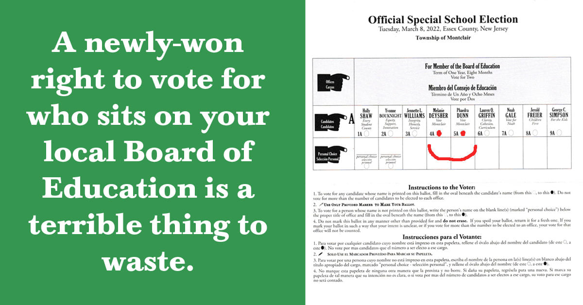 VoteMontclair's tweet photo. If you’re a registered voter in Montclair you now have the right to decide who sits on the Township’s Board of Education. Make sure to use that right in this Tuesday’s election, and to use it wisely. More on our choices: https://t.co/yh2Jc6WhJC https://t.co/RcF6oFcJvN
