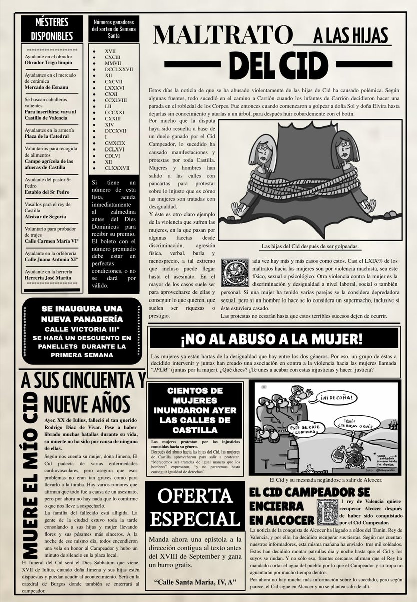 Menudo productazo de un grupo de alumnas de 3ºA. Portada y primera página de nuestro proyecto “Juglar Nius”, Niusan para ellas 😂😂😂. 

Contiene noticias, artículo de opinión, poema épico, anuncios varios…
 
Ahora a enmarcar y a la pared de clase. ¡¡¡Felicidades chicas!!!