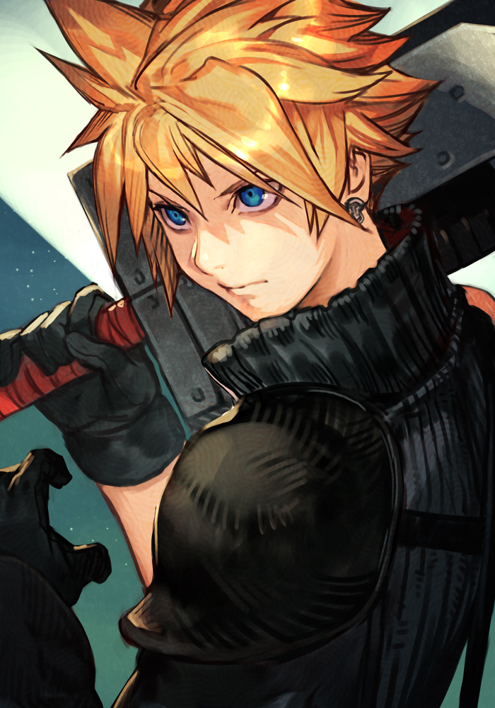 cloud strife 1boy blonde hair weapon male focus solo gloves spiked hair  illustration images
