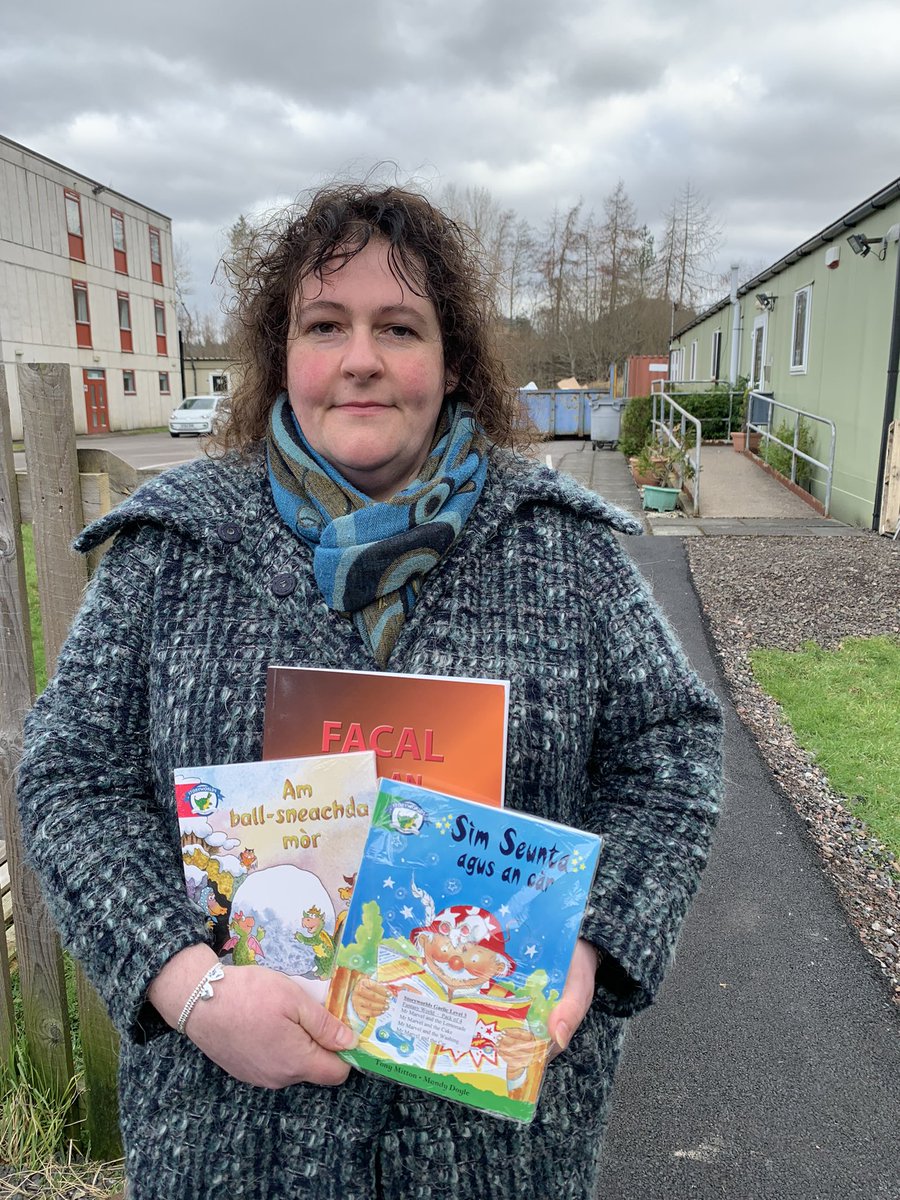 Alison Craig, chair of Oban <a href="/CnPNaiseanta/">Comann Nam Pàrant</a> with a small selection of Gaelic books rescued from a Council skip. Many were taken away before parents arrived. The Council have started an investigation. Alison will boycott this week’s Gaelic Gathering in protest #AnLa <a href="/bbcalba/">BBC ALBA</a> 8pm