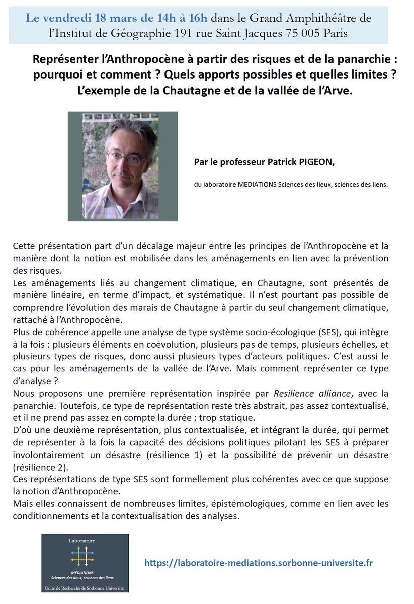 XavBernierGeo's tweet image. 2 évènements forts à venir au @LabMediations : la soutenance d'HDR de J.Rebotier le 17/03 en Sorbonne et la conférence de P.Pigeon sur Risques et panachie le 18/03 à l'Institut de Géo #risques #politique #anthropocène @MagaliReghezza @EcoleUrbaine @Anthropocen2050 @MichelLussault