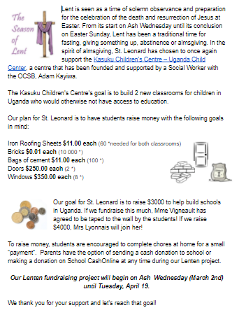 Ms_Lalonde's tweet photo. @StLeonardOCSB is excited to be supporting @KasukuCenter this year for our Lenten project! Thank you to @adamtk18 for your time today to share about your dream! Students can bring in money earned or donations can be made using School Cash Online! https://t.co/P7ZIs1XIEz