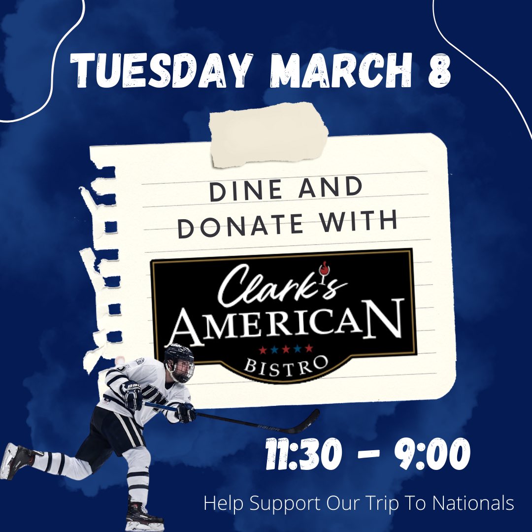 Please join us this Tuesday March 8th at Clark’s American Bistro! In an effort to raise money for our upcoming trip to nationals 10% of proceeds will be donated to help cover our expenses for the trip.