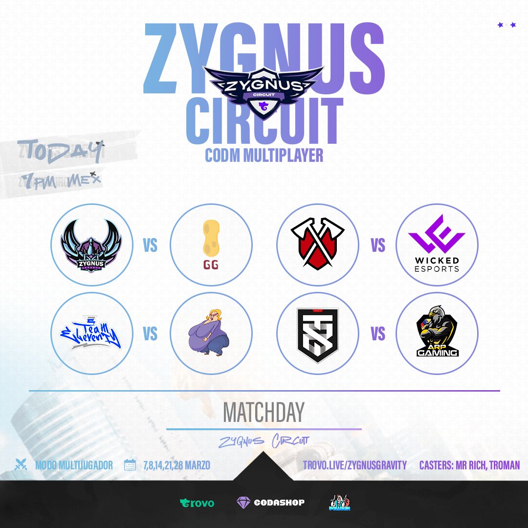 Zygnus_'s tweet photo. Hoy comienza el decimo circuito de #CODm organizado por Zygnus Esport, con ocho grandes equipos invitados. 💯🏆
📺 https://t.co/soufVmsfVC
🕦 7:00 pm 🇲🇽 / 8:00 pm 🇪🇨
🎙️ @MrRichGaming_ & @TromanCaster
¡Te esperamos!
Sponsors: @trovolive @Pollolin_uD
#CodashopMX
#ZygnusUp💜 https://t.co/G82TzQHuB9
