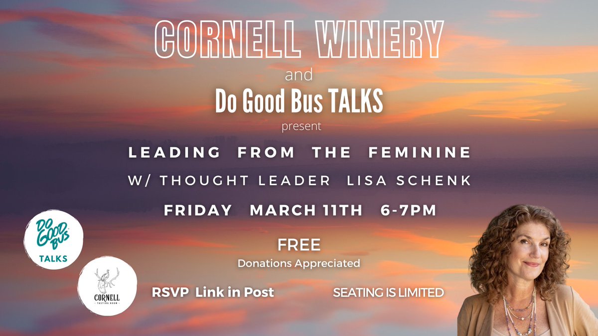 What would business look like if it was run w/a more feminine style of leadership? Join us on Friday, 3/11 6-7pm to find out! Thought Leader, Lisa Schenk, will lead the discussion. Plus the location <a href="/CornellWinery/">Tim Skogstrom</a> is gorgeous! FREE. Snag your seat! …y-do-good-bus-feminine.eventbrite.com