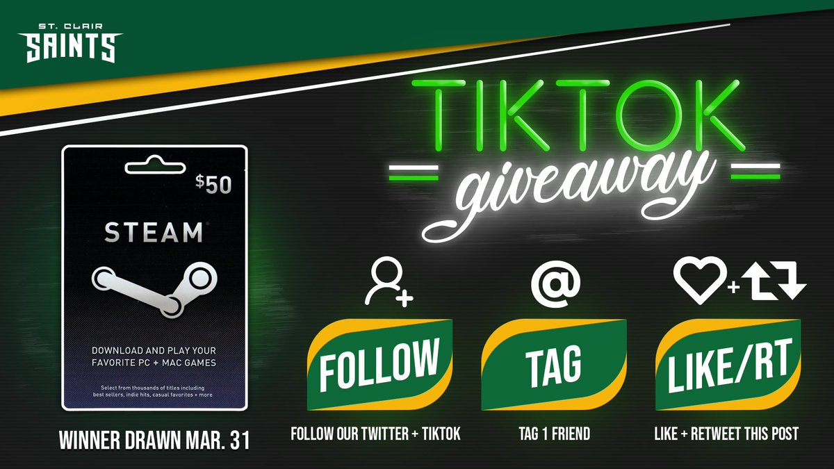 To celebrate the launch of our TikTok, we're giving away a $50 Steam giftcard!

To enter:
✅Follow us on Twitter &amp; on TikTok (tiktok.com/@saintsgamingca)
👍Like and RT this post
🧑‍🤝‍🧑Tag a friend!

Winner will be drawn on March 31!