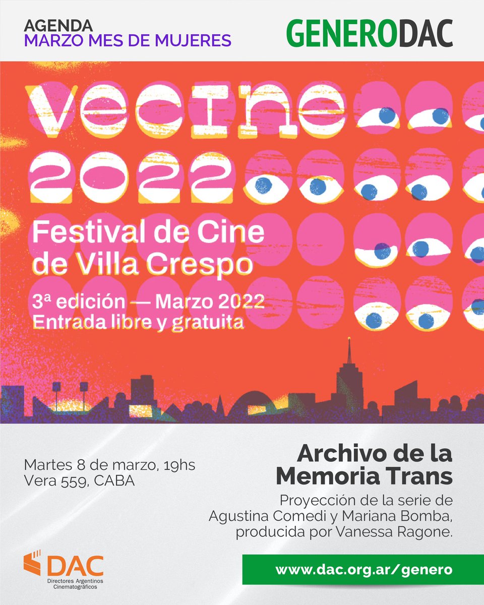 dacdirectores's tweet photo. 💚Mes de Mujeres en DAC
🎥Proyección de “Archivo de la Memoria Trans”
📆Martes 8 de marzo 19:00 hs. - Entrada libre y gratuita
📲Más info en https://t.co/f1x4Agh8Us
#generodac #agustinacomedi #marianabomba #mesdelamujer #vecine #directoras #mesdemujeres #dac #vanessaragone https://t.co/oe5caga6jD