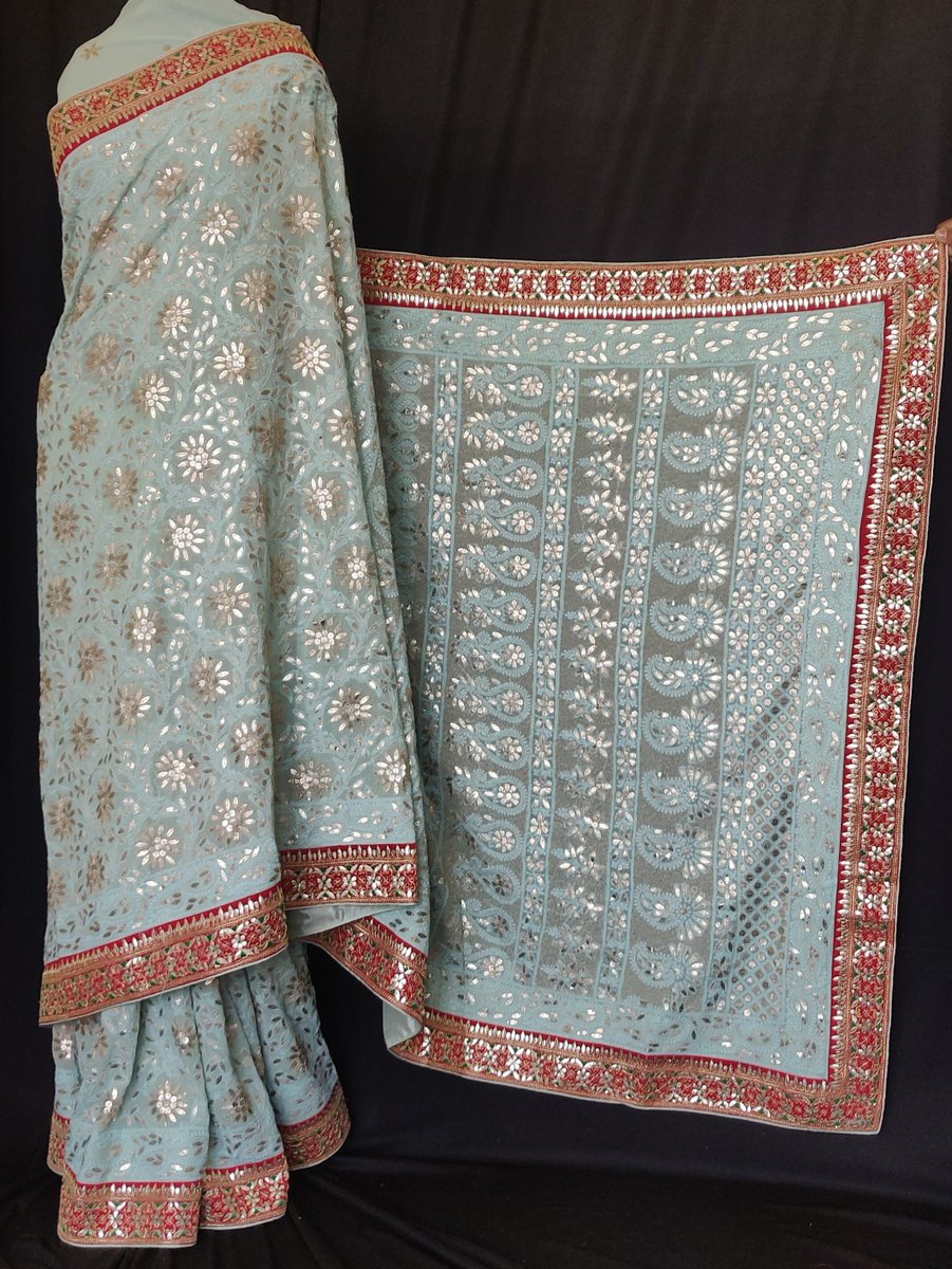 LucknowiAndaaz's tweet photo. Buy #chikankari Ruhani sage green allover Chikankari and gota patti saree with red marori and gota border online https://t.co/Ifa567wZKR COD Available! https://t.co/64V7vX6Q4A