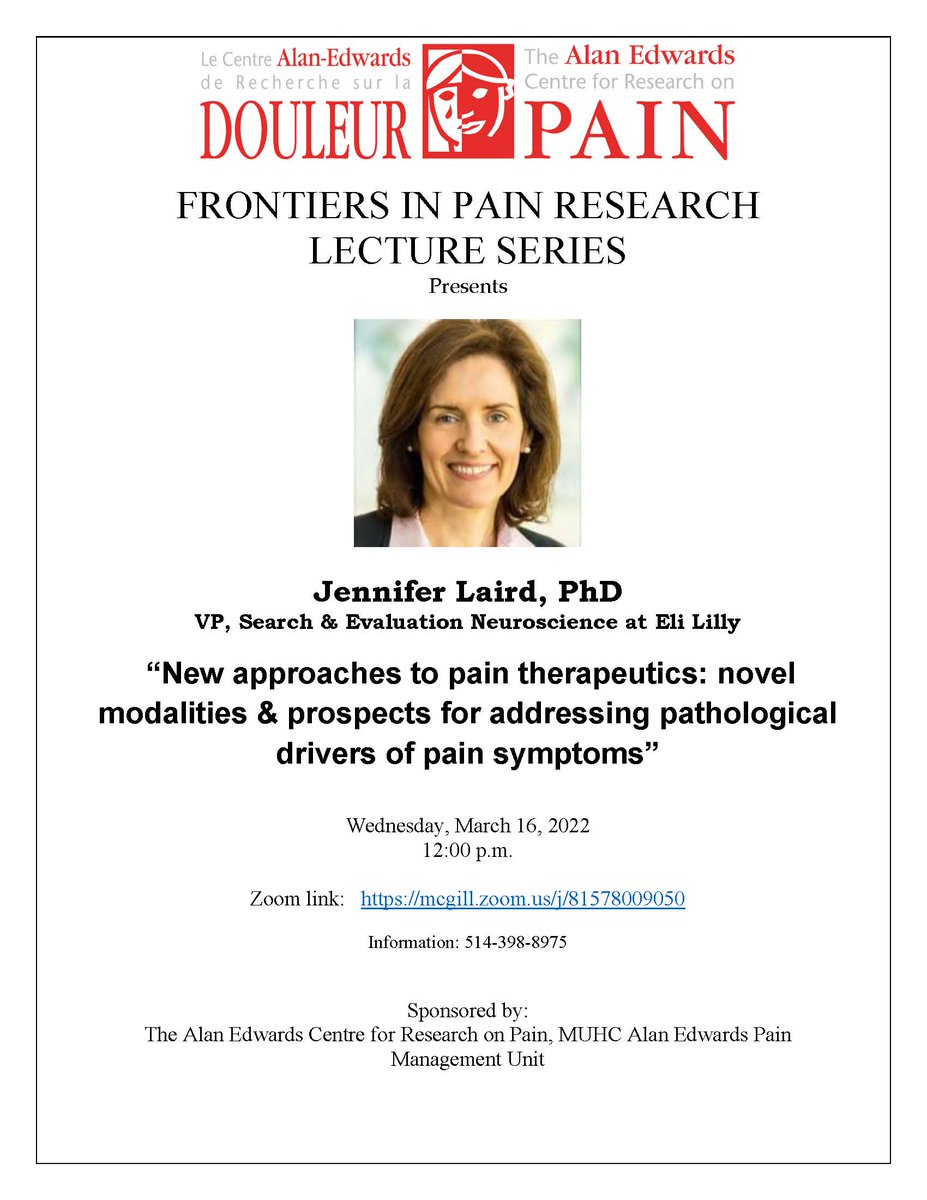 Alan Edwards Centre for Research on Pain (@aecrpain) on Twitter photo Frontiers in Pain Research presents Jennifer Laird on "New approaches to pain therapeutics"
When: Wed, Mar 16th, 12 noon EST,
For more information, see the attached.
To register: bit.ly/3tAAt4g
#AECRPfrontiers <a href="/mcgillpainunit/">Alan Edwards Pain Management Unit</a> Frontiers in Pain Research presents Jennifer Laird on "New approaches to pain therapeutics"
When: Wed, Mar 16th, 12 noon EST,
For more information, see the attached.
To register: bit.ly/3tAAt4g
#AECRPfrontiers <a href="/mcgillpainunit/">Alan Edwards Pain Management Unit</a>