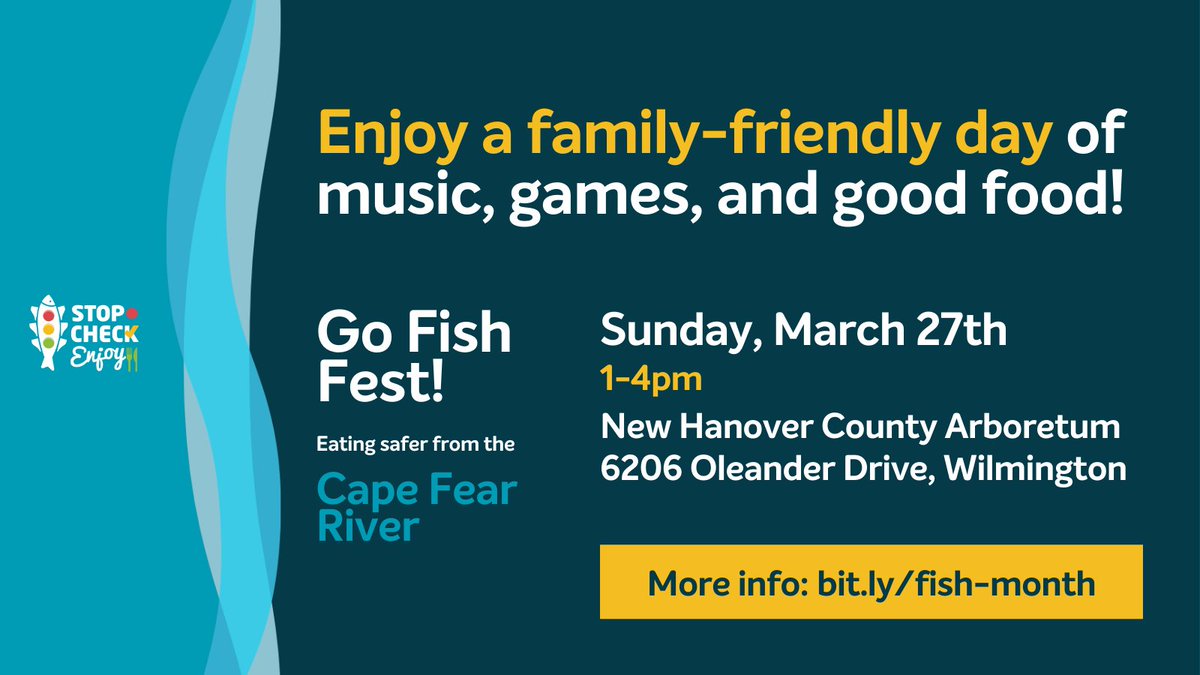 DukeSuperfund's tweet photo. Join us on Sunday March 27th for ‘Go Fish Fest!’ Bring the whole family to listen to music, hear from amazing speakers, eat good food, play some games, and learn how you and your family can eat safer from the Cape Fear River. #StopCheckEnjoy #GoFishFest #FishConsumptionMonth https://t.co/iDGRq8iHfA