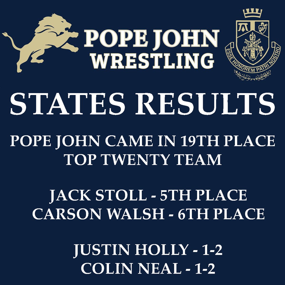 Congrats to our Pope John Wrestling!!! #WeArePopeJohn #Wrestling #States