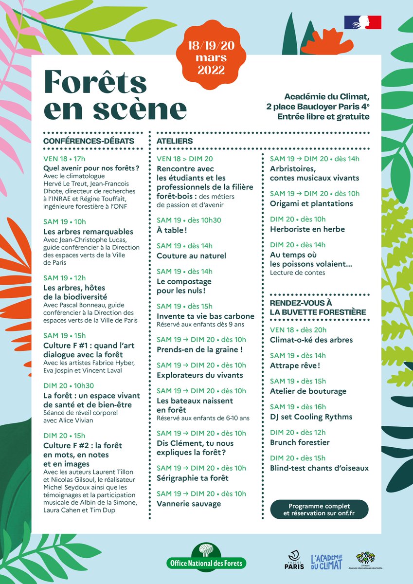 Le #SIA se termine, vive la #JIF !
Du 18 au 20 mars, la #forêt prend racine à l’<a href="/AcademieClimat/">Académie du Climat</a> à <a href="/Paris/">Paris</a>.

Ateliers, conférences-débats, rencontres artistiques... découvrez notre programmation de choix… … et bloquez votre agenda ! 📆 

Infos : onf.fr/vivre-la-foret….