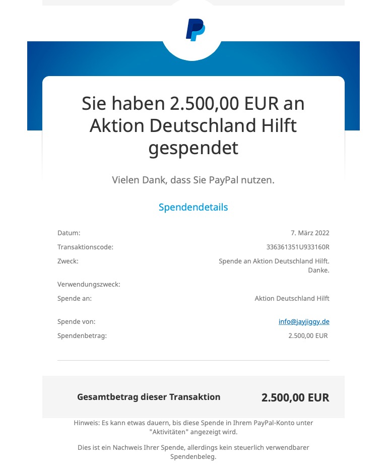 In meinem Spendenstream auf Twitch letzten Freitag wurden Subs im Wert von 677€ + Donos im Wert von 1126€ gespendet. Auf diese 1803€ haben wir selbst noch was drauf gelegt und heute 2500€ an „Aktion Deutschland Hilft“ gespendet. Danke an alle, die sich beteiligt haben ❤️