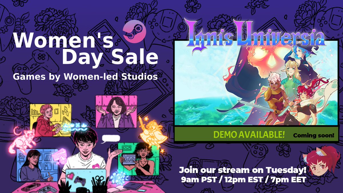 Women's Day Steam event has started - and we are proud to be part of it!💜

We are going to have a women's day livestream tomorrow Tue at 9am PST/12pm EST/ 7pm EET - see you soon!👀

store.steampowered.com/news/app/15455…

#WomensDay2022 #WomensDaySteam #BreaktheBias #Livestream #gamedev