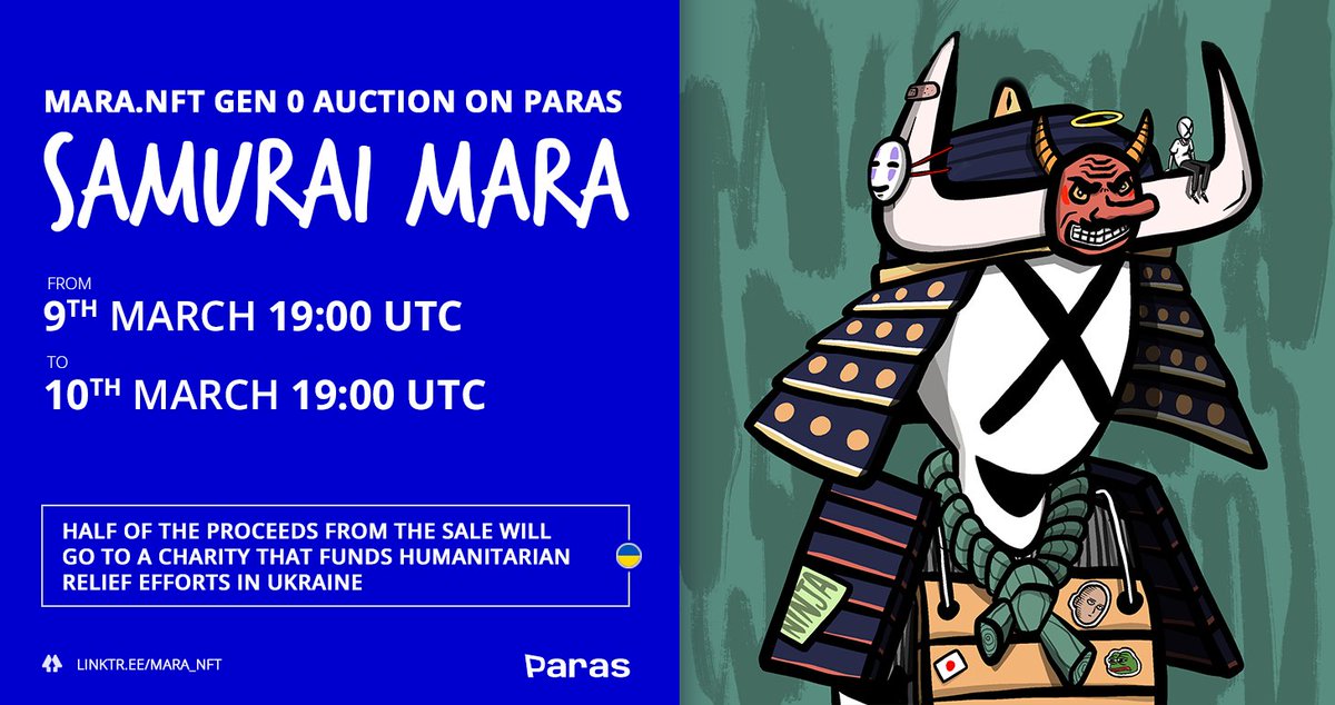 Mara NFT (@maranft_dao) on Twitter photo The 100th Mara will be auctioned on <a href="/ParasHQ/">Paras 🟩🟧</a>, and will be the final piece to our GEN0 collection. 50% will go to <a href="/Unchainfund/">unchain.fund (🇺🇦, 🇺🇦)</a>!
Unchain is a charity project by blockchain activists. Their goal is to break the chain of war which the Russian Federation started against Ukraine. The 100th Mara will be auctioned on <a href="/ParasHQ/">Paras 🟩🟧</a>, and will be the final piece to our GEN0 collection. 50% will go to <a href="/Unchainfund/">unchain.fund (🇺🇦, 🇺🇦)</a>!
Unchain is a charity project by blockchain activists. Their goal is to break the chain of war which the Russian Federation started against Ukraine.
