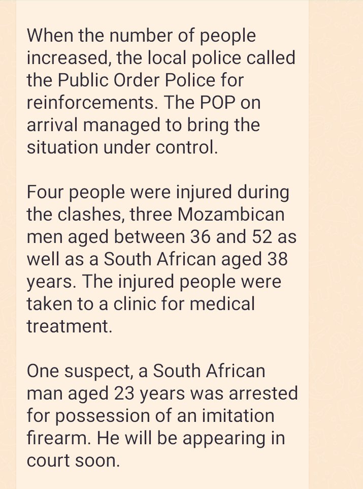 CliffShiko's tweet photo. BREAKING: Police say they have arrested one suspect in Alexandra after being found with 'fake' gun during the clashes with immigrants. Three Mozambican nationals have been injured and one local. #AlexShutdown #AlexProtest https://t.co/Zf5wiodMn5