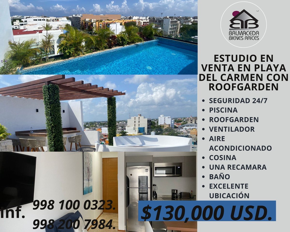 Estudio en venta, con excelentes amenidades, excelente o oportunidad de inversión.
Seguridad 24/7, Alberca, Asador, Roofgarden, Vista al mar en el roof, Recamara, Baño completo, Aire a condicionado, Ventilador, Precio en renta= 130,000.00 USD.
Llama: 998 100 0323 998 - 200 7984