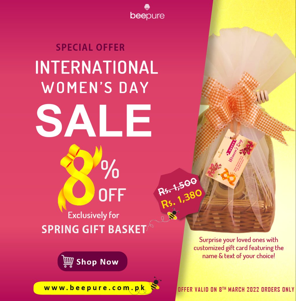 BeepureHoneyPK's tweet photo. Happy International Women's Day to all the ladies out there! ♀️

Beepure is giving 8% discount on its Spring Gift Basket only for orders on 8th March 2022. 🍯 🐝

https://t.co/f3qzYzH1cf https://t.co/evoCQEgyOb