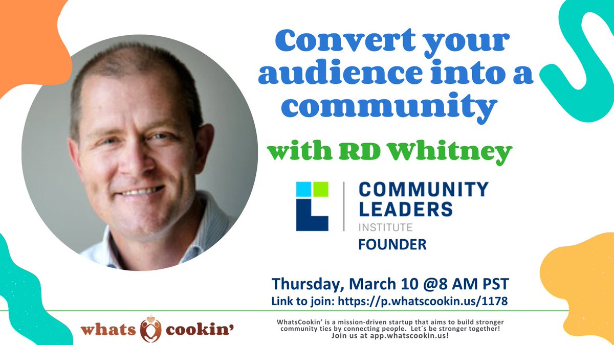 LinkedTrust_us's tweet photo. Come to learn how to convert your audience into a community with @rdwhitney (@CLI_online founder).
Share your questions and challenges in our offer chat!
See you on Thu, March 10 @ 8AM
Link to join: https://t.co/AcaNmndhQw
#community #audience #whatscookin https://t.co/GoEBkYUOVG